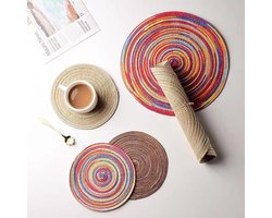 Katoenen placemat en onderzetters, geweven ronde placemats, 38 cm hittebestendige tafelmatten, wasbare plaatmatten, set van 4 - Regenboog rood, voor keuken en eettafel - Decoratieve accessoires voor tafelbescherming.