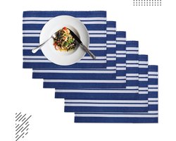 Katoenen Placemats - Tafelonderleggers - Eettafel Dekken - Fijne Rib Weving - 48 x 33 cm - Blauw Gestreept
