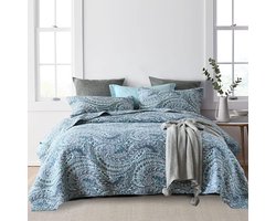 Katoenen sprei dekbed 240 x 260 cm, bedsprei 250 x 270 cm voor tweepersoonsbed Blauwe paisleybloemen All Season dekbedovertrek banksprei gewatteerde deken dekbed met 2 kussenslopen