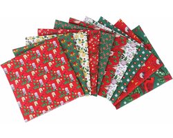 Katoenen Stof - Quilt Stof - Kerst Knutselen - Feestelijke Motieven - 10 Stuks 25x25cm - Kerstkleuren