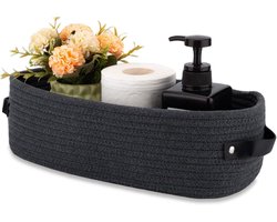 Katoenen Touw Mandje - Zwart - 33x15x10 cm - Opbergmand – opberg mandjes - Met Leren Handvaten - Toilet Organizer - Katoen - Badkamer Mand - Aanrecht Organizer - Geweven Mand - Zwart