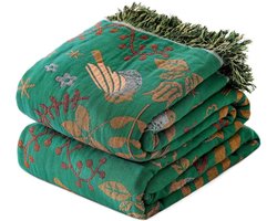 Katoenen Ultra Zachte Quilt Deken – Rustieke Herfst Deken met Vogel- en Bloemenprint – Farmhouse Stijl Bedsprei - 150*200cm - Groen