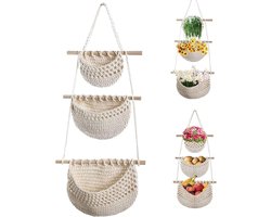 Katoenen wandmand - 80 cm - Hangende opberger aan de achterkant - Wanddecoratie - Drielaagse wandmand - Voor aan de muur, kinderkamer, Boheemse wandmand, keukenmand, hangende fruitmand van katoenen touw