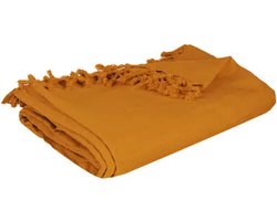 Katoenen woonplaid met franjes - Okergeel - 160 x 220 cm