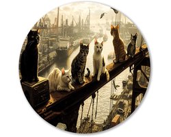 Katten in havenomgeving op balk - Katten rond schilderij - Wandpaneel dieren - Hyperrealisme - Forex decoratie rond - Bohemian wandkunst - muurcirkel forex 80x80 cm