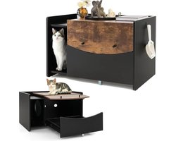 Kattenbak kast met lade – Vintage bruin – Uittrekbare lade + klapdeur – Met ingang & haak – Kattenhuis meubel