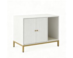 Kattenbak Meubel Kattenbak Kast Verborgen Kattenbakmeubel Kattenhuis Bijzettafel 80x50x55 cm Wit Goud Modern Design met Hoge Poten Krabmat Multifunctionele Kattenbak Omkasting Opbergkast voor Woonkamer Slaapkamer