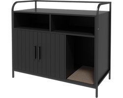 Kattenbak Meubel met Opbergruimte - Verborgen Kattenbak Kast met 2 Vakken, Dubbele Deuren & Zij-ingang - Kattenhuis & Bijzettafel - Zwart - 95 x 45 x 82 cm
