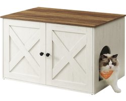Kattenbak meubel – Stijlvol kattenhuis met houtlook en opbergruimte - Wit/bruin – 80x53x50 cm