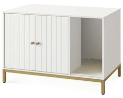 Kattenbak omheining meubel Multifunctionele verborgen kattenbak kast Met krabmat Makkelijk te monteren Hoge poten Gemakkelijk schoon te maken Stevig houten frame Geschikt voor woonkamer en slaapkamer 80x50x55cm Wit+Goud