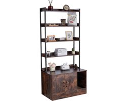 Kattenbakbehuizing, verborgen meubel met 4 planken, groot kattenhuis voor binnen, houten kast geschikt voor de meeste kattenbakken, 85,1 x 49,9 x 183,9 cm, donkerbruin