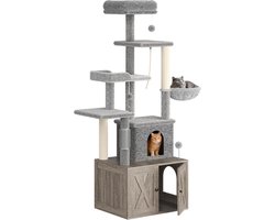 Kattenbakmeubel met Krabpaal en Hangmat - 2-in-1 Modern Kattenmeubel, Verborgen Kattenbak Omkasting met Kattenboom, Meerdere Ligplekken, Krabpaal & Transparante Hangmat - Grijs -60x48x165CM