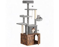 Kattenbakmeubel met Krabpaal en Hangmat - 2-in-1 Modern Kattenmeubel, Verborgen Kattenbak Omkasting met Kattenboom, Meerdere Ligplekken, Krabpaal & Transparante Hangmat - Rustiek Bruin -60x48x165CM
