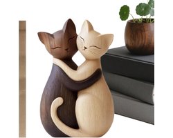 Kattenbeeld hout - Dieren sculptuur - Woonkamer decoratie - Fijn vakmanschap - 10 cm breed - Zwart en wit