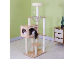 Kattenboom met Houten Look – Krabpaal met Huisje, Hangmat & Transparante Space Dome – Modern Design – 9mm MDF – Beige