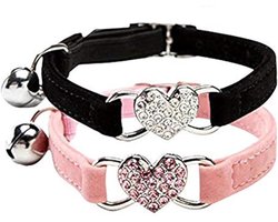 Kattenhalsband met bel bling-Soft Fluwelen Veilige Kat Verstelbare Kraag met Kristal Hartje Bedel en Klokken 8-11 Inch