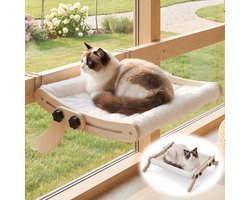 Kattenhangmat - 2-in-1 houten kattenbed - Hangend kattenbed - hangbed - hangmat - zonder boren aan meubelrand of vrijstaand - 49 x 47 x 12 cm - witte pluche bekleding - naturel hout