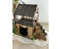 Kattenhuis XL Maison pour Chats 2 Verdiepingen 68x42x35cm - Cabane Chat Speelhuis Bois MDF Bruin Landelijk - Cat House Indoor avec Escaliers - Easy Assembly Kitten Playhouse - Spielhaus voor 1-2 Katten Chatons - Rustique Country Style