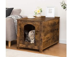 Kattenkast met Groot Deurtje en Scheidingswand – Kattenhuis met Opbergruimte en Veiligheidsscharnieren – Kattentoilet Kast – Bank of Bijzettafel – Slaapkamer en Woonkamer – Rustiek Design