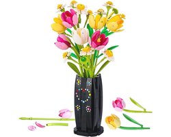 KBIBCK Tulpen bouwstenen, bloemenset, 1250 stuks, tulpen, bloemen, bouwspeelgoedset met vaas, kunstbloemen, bouwpakket voor volwassenen, doe-het-zelf botanische collectie, huisdecoratie voor vrouwen,