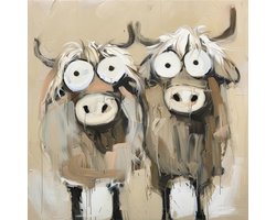 K&C Art (Aluminium schilderij) 100x100cm | Grappige gekke Schotse hooglanders - koe - dier - beige - bruin - wit - zwart - kunst | Woonkamer - slaapkamer - hal - kantoor | Foto schilderij print op dibond - wanddecoratie - muurdecoratie - wall art