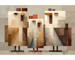 K&C Art (Aluminium schilderij) 60x40cm | Abstract geometrische kippen - dier - vogel - bruin - beige - wit - rood - oranje - kunst | Woonkamer - slaapkamer - hal - kantoor | Foto schilderij print op dibond - wanddecoratie - muurdecoratie - wall art