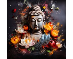 K&C Art (Aluminium schilderij) 60x60cm | Boeddha met lotusbloemen - zwart - grijs - oranje - blauw - rood - groen - modern - kunst | Woonkamer - slaapkamer - hal - kantoor | Foto schilderij print op dibond - wanddecoratie - muurdecoratie - wall art