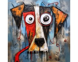 K&C Art (Aluminium schilderij) 60x60cm | Gekke kwijlende hond - dier - blauw - rood - zwart - wit - bruin - grappig - kunst | Woonkamer - slaapkamer - hal - kantoor | Foto schilderij print op dibond - wanddecoratie - muurdecoratie - wall art