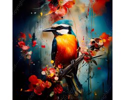 K&C Art (Aluminium schilderij) 60x60cm | Vogel op tak met bloemen - blauw - oranje - rood - geel - wit - zwart - modern - kunst | Woonkamer - slaapkamer - hal - kantoor | Foto schilderij print op dibond - wanddecoratie - muurdecoratie - wall art