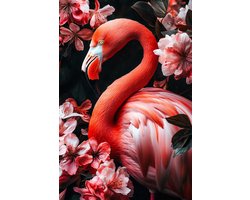K&C Art (Aluminium schilderij) 60x90cm | Flamingo tussen de bloemen - vogel - dier - roze - zwart - wit - groen - modern - kunst | Woonkamer - slaapkamer - hal - kantoor | Foto schilderij print op dibond - wanddecoratie - muurdecoratie - wall art