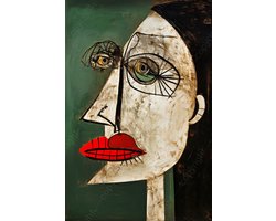 K&C Art (Aluminium schilderij) 60x90cm | Vrouw in Picasso stijl - gezicht - portret - abstract - groen - rood - modern - kunst | Woonkamer - slaapkamer - hal - kantoor | Foto schilderij print op dibond - wanddecoratie - muurdecoratie - wall art