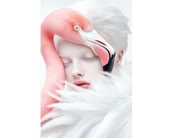 K&C Art (Aluminium schilderij) 80x120cm | Albino vrouw met flamingo - mens - dier - vogel - portret - roze - wit - zwart - kunst | Woonkamer - slaapkamer - hal - kantoor | Foto schilderij print op dibond - wanddecoratie - muurdecoratie - wall art