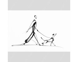 K&C Art (Aluminium schilderij) 90x60cm | Vrouw wandelt met hond - mens - dier - abstract - schets - zwart - wit - modern - kunst | Woonkamer - slaapkamer - hal - kantoor | Foto schilderij print op dibond - wanddecoratie - muurdecoratie - wall art