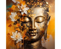 K&C Art (Canvas schilderij) 100x100cm | Boeddha met lotusbloemen - buddha - goud - wit - zwart - groen - modern - kunst | Woonkamer - slaapkamer - hal - kantoor | Foto schilderij print op canvas - wanddecoratie - muurdecoratie - wall art