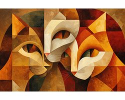 K&C Art (Canvas schilderij) 120x80cm | Abstracte katten in modern kubisme - poes - dier - bruin - geel - oranje - rood - kunst | Woonkamer - slaapkamer - hal - kantoor | Foto schilderij print op canvas - wanddecoratie - muurdecoratie - wall art