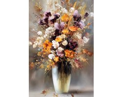 K&C Art (Canvas schilderij) 40x60cm | Droogbloemen in een vaas - grijs - paars - wit - oranje - geel - bruin - modern - kunst | Woonkamer - slaapkamer - hal - kantoor | Foto schilderij print op canvas - wanddecoratie - muurdecoratie - wall art
