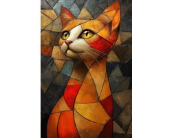 K&C Art (Canvas schilderij) 40x60cm | Kat in modern kubisme - dier - abstract - rood - geel - oranje - blauw - modern - kunst | Woonkamer - slaapkamer - hal - kantoor | Foto schilderij print op canvas - wanddecoratie - muurdecoratie - wall art