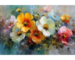 K&C Art (Canvas schilderij) 60x40cm | Bloemen - geel - roze - wit - oranje - blauw - groen - grijs - modern - kunst | Woonkamer - slaapkamer - hal - kantoor | Foto schilderij print op canvas - wanddecoratie - muurdecoratie - wall art