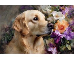 K&C Art (Canvas schilderij) 60x40cm | Golden retriever met bloemen - hond - dier - portret - modern - kunst | Woonkamer - slaapkamer - hal - kantoor | Foto schilderij print op canvas - wanddecoratie - muurdecoratie - wall art