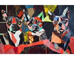 K&C Art (Canvas schilderij) 60x40cm | Honden op een bank in papier collage stijl - dier - abstract - oranje - groen - blauw - roze - zwart - wit - modern - kunst | Foto schilderij print op canvas - wanddecoratie - muurdecoratie - wall art