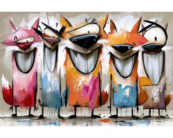 K&C Art (Canvas schilderij) 60x40cm | Vrolijke lachende vossen - dier - abstract - oranje - bruin - roze - blauw - grappig | Woonkamer - slaapkamer - hal - kantoor | Foto schilderij print op canvas - wanddecoratie - muurdecoratie - wall art