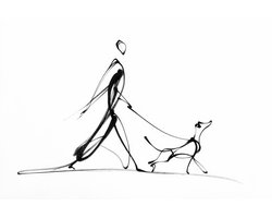 K&C Art (Canvas schilderij) 60x40cm | Vrouw wandelt met hond - mens - dier - abstract - schets - zwart - wit - modern - kunst | Woonkamer - slaapkamer - hal - kantoor | Foto schilderij print op canvas - wanddecoratie - muurdecoratie - wall art