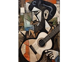 K&C Art (Canvas schilderij) 80x120cm | Man met gitaar in Picasso stijl - kubisme - muziek - bruin - beige - zwart - groen - kunst | Woonkamer - slaapkamer - hal - kantoor | Foto schilderij print op canvas - wanddecoratie - muurdecoratie - wall art