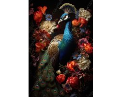 K&C Art (Canvas schilderij) 80x120cm | Pauw met bloemen - vogel - dier - blauw - groen - bruin - oranje - rood - modern - kunst | Woonkamer - slaapkamer - hal - kantoor | Foto schilderij print op canvas - wanddecoratie - muurdecoratie - wall art