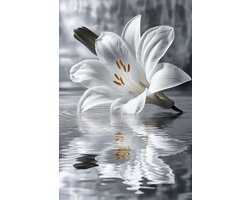 K&C Art (Glasschilderij) 40x60cm | Lelie met water - plant - grijs - wit - groen - geel - artistiek - modern - kunst | Woonkamer - slaapkamer - hal - kantoor | Foto schilderij print op acrylglas - wanddecoratie - muurdecoratie - wall art