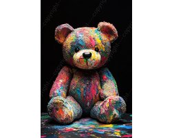 K&C Art (Glasschilderij) 40x60cm | Teddybeer bedekt met verf - roze - blauw - groen - geel - oranje - zwart - modern - kunst | Woonkamer - slaapkamer - hal - kantoor | Foto schilderij print op acrylglas - wanddecoratie - muurdecoratie - wall art