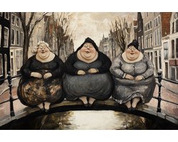 K&C Art (Glasschilderij) 60x40cm | 3 dikke dames op een brug in Amsterdam - grappig - zwart - beige - bruin - wit - kunst | Woonkamer - slaapkamer - hal - kantoor | Foto schilderij print op acrylglas - wanddecoratie - muurdecoratie - wall art