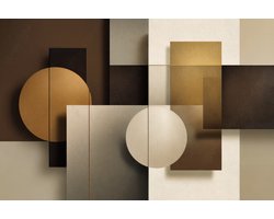 K&C Art (Glasschilderij) 60x40cm | Geometrische vormen - rechthoek - cirkel - bruin - beige - goud - modern - kunst | Woonkamer - slaapkamer - hal - kantoor | Foto schilderij print op acrylglas - wanddecoratie - muurdecoratie - wall art