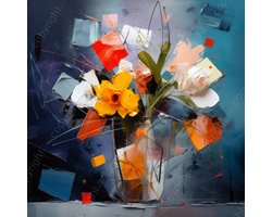 K&C Art (Glasschilderij) 60x60cm | Bloemen in vaas in abstracte stijl - blauw - rood - geel - oranje - groen - wit - zwart - modern - kunst | Foto schilderij print op acrylglas - wanddecoratie - muurdecoratie - wall art