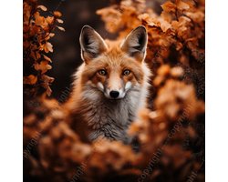 K&C Art (Glasschilderij) 60x60cm | Vos omringd door bladeren - dier - natuur - bruin - wit - zwart - modern - kunst | Woonkamer - slaapkamer - hal - kantoor | Foto schilderij print op acrylglas - wanddecoratie - muurdecoratie - wall art